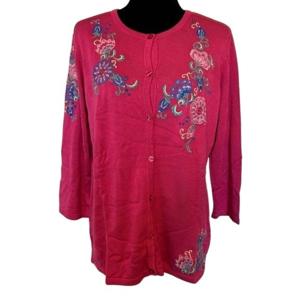 NWT Norm Thompson Pink Berry with Floral Embroidery Cardigan Sweater Size‎ Large